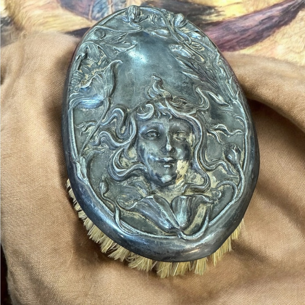 Antique Silver Hairbrush with Intricate Design Art Nouveau Silver Plated or Tone